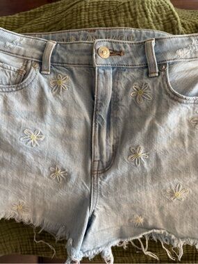 American Eagle Light Blue Denim Mom Shorts with Daisy Embroidery